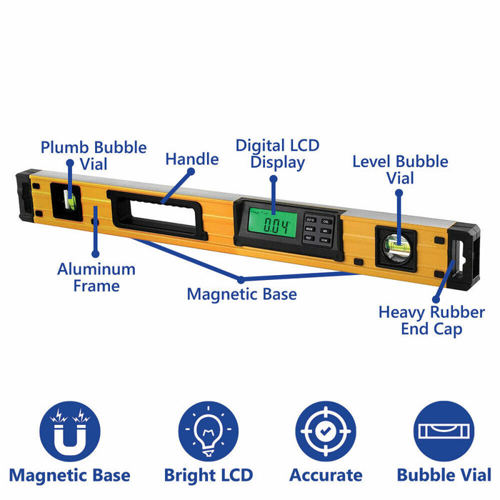24" Digital Level with Bubble & Memory Function - LCD Screen with backlight