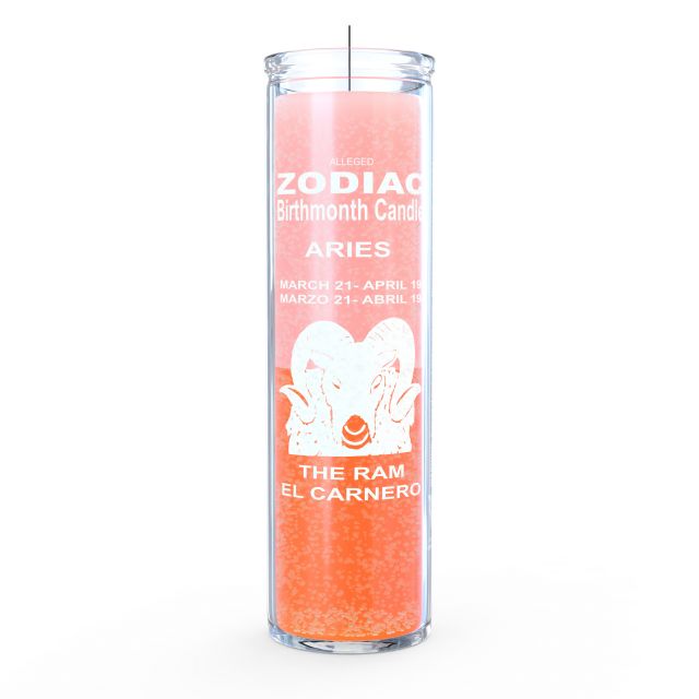 Zodiac-themed candle for Aries with a white ram illustration on a pink background.