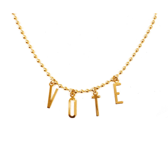 Moon and Lola - Belize Necklace on apex link chain with the word VOTE spelled out