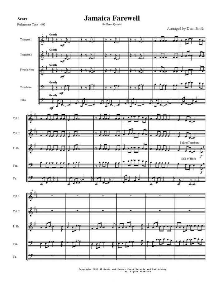 Burgie - Jamaica Farewell - Brass Quintet - Brass Music Online