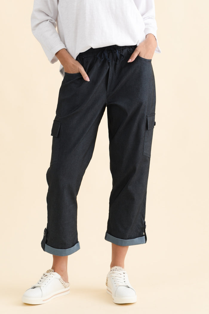 Cindy Dark Blue Denim Cargo Pants,Brunette model,alt text|model:MJ