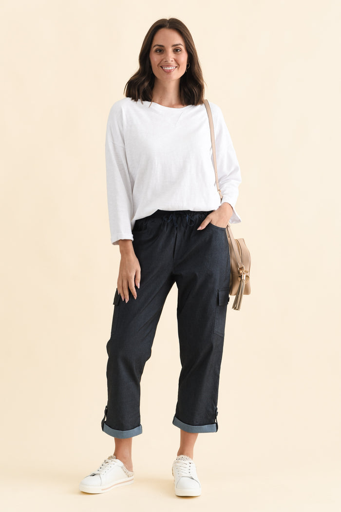 Cindy Dark Blue Denim Cargo Pants,Brunette model,alt text|model:MJ