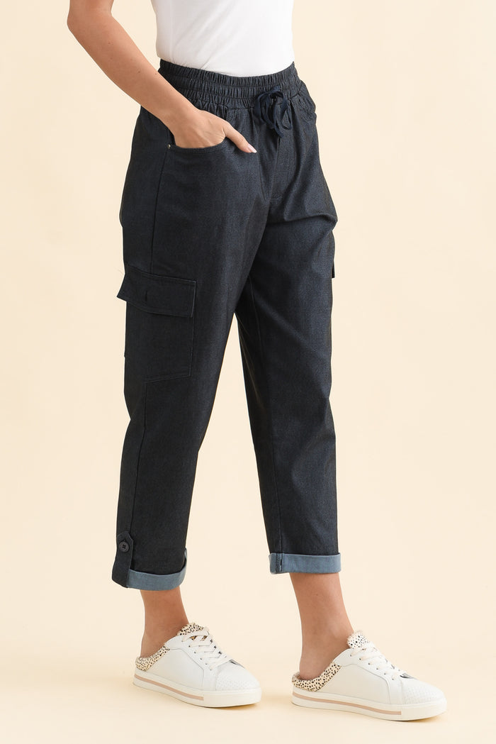 Cindy Dark Blue Denim Cargo Pants,Brunette model,alt text|model:MJ