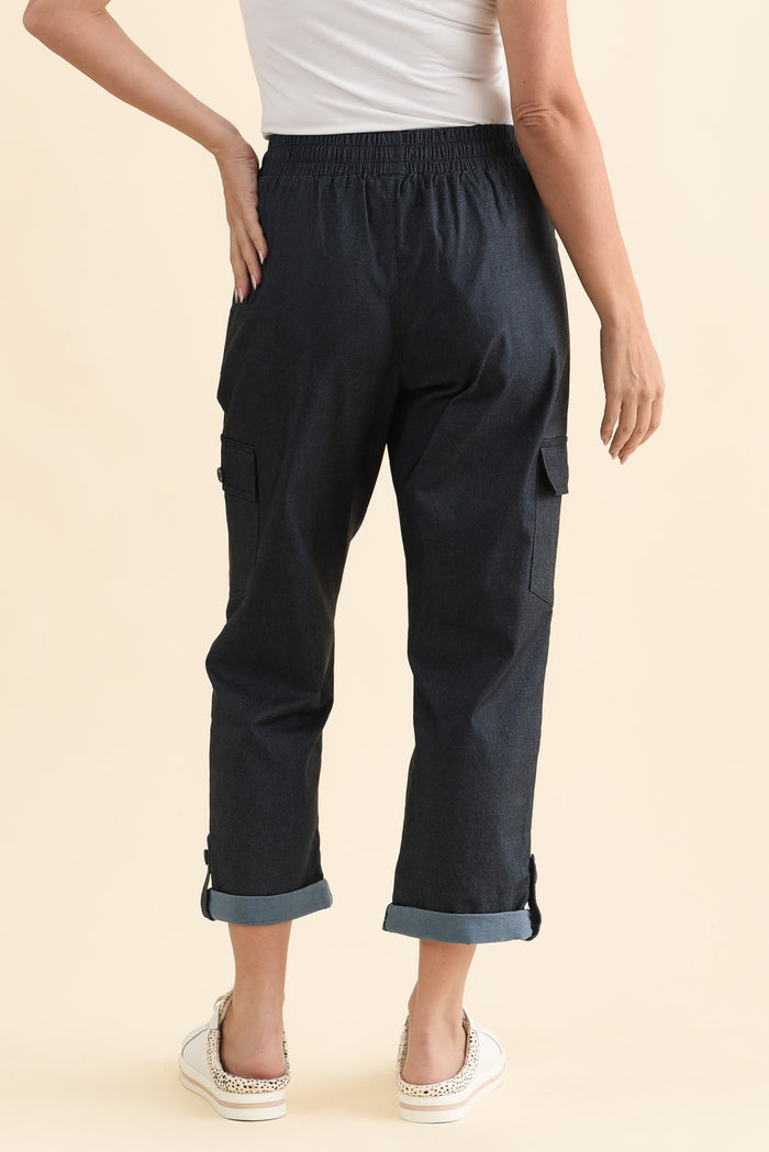 Cindy Dark Blue Denim Cargo Pants,Brunette model,alt text|model:MJ