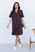 Dawson Chocolate Denim Button Dress,brunette model,Front of Outfit,Lifestyle
