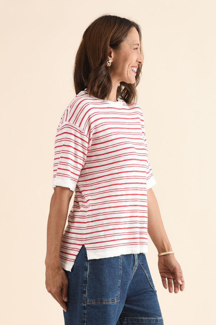 Eleni Red Stripe Knit Tee,Side,Brunette model,alt text|model:Cara