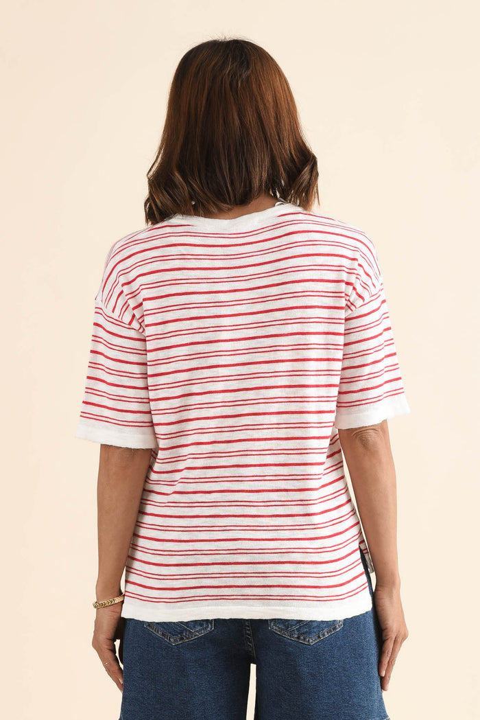 Eleni Red Stripe Knit Tee,Back,Brunette model,alt text|model:Cara