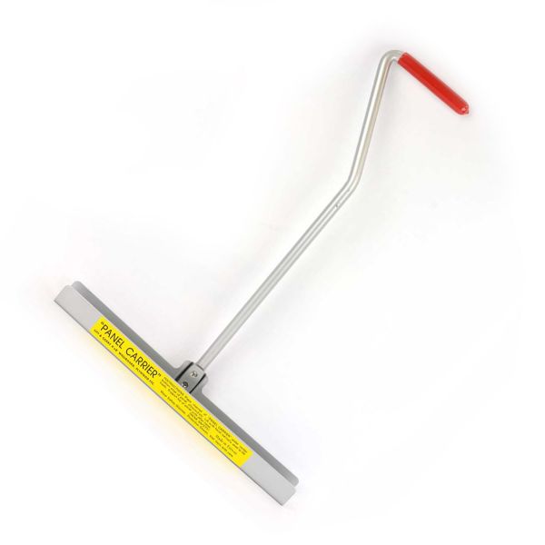 A panel carrier tool with a long silver metal handle, a gray metal frame, a red handle grip, and a yellow warning label on the blade, shown on a plain white background.