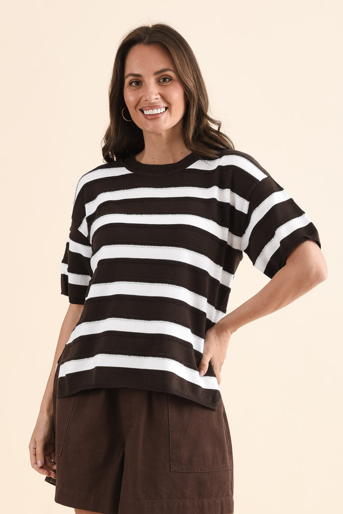 Libby Chocolate Stripe Cotton Top,Front,Brunette model,alt text|model:MJ