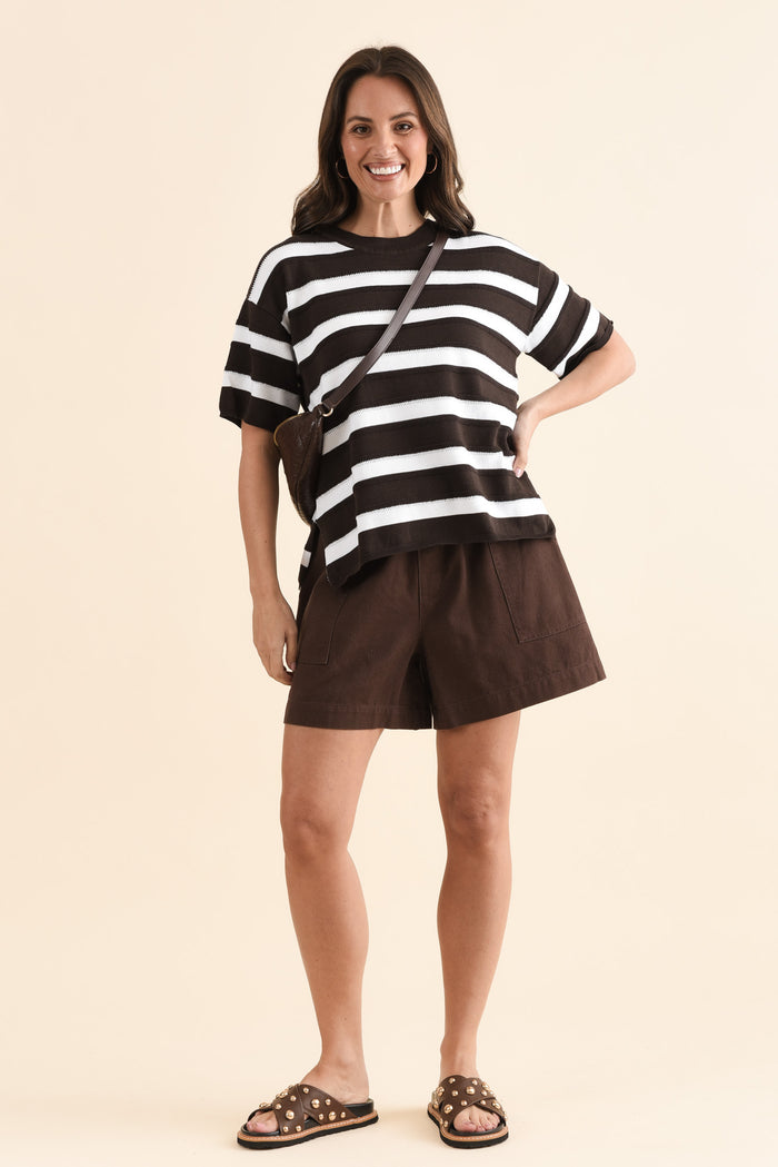 Libby Chocolate Stripe Cotton Top,Full Body,Brunette model,alt text|model:MJ