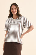 Relax Chocolate Stripe Cotton Tee,Front,Brunette model,alt text|model:MJ