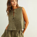 Sleeveless All Pleated with Tie in Front Linen Top