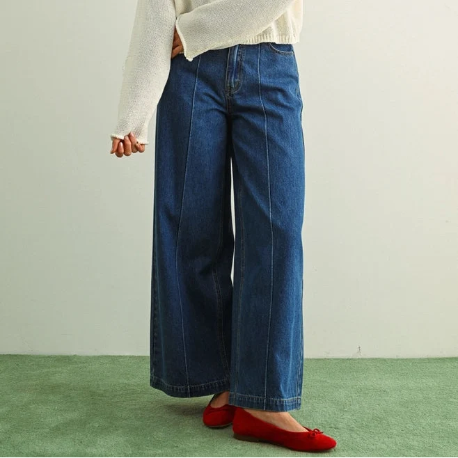 Wide Leg Denim Pants with Front Detail